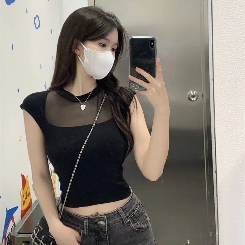 Cross-border foreign trade summer new pure lust style splicing mesh sleeveless women's slimming hot girl top round neck short style