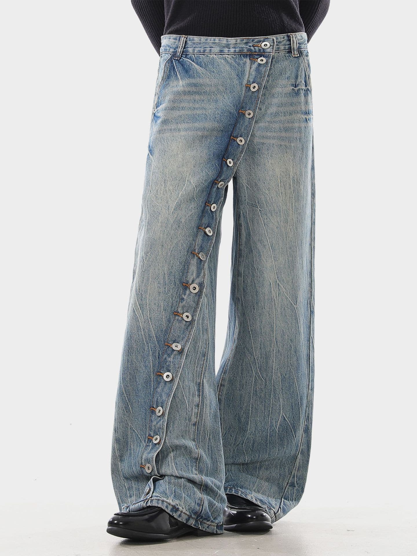 American retro washed diagonal placket buttoned bootcut jeans for men and women, loose, heavyweight, versatile, casual straight trousers