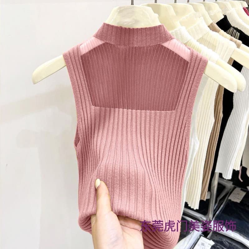 Summer Sweet Spicy Short High-Neck Mesh Patchwork Knit Camisole Top for Women, Slim Fit Pure Desire Inner Wear