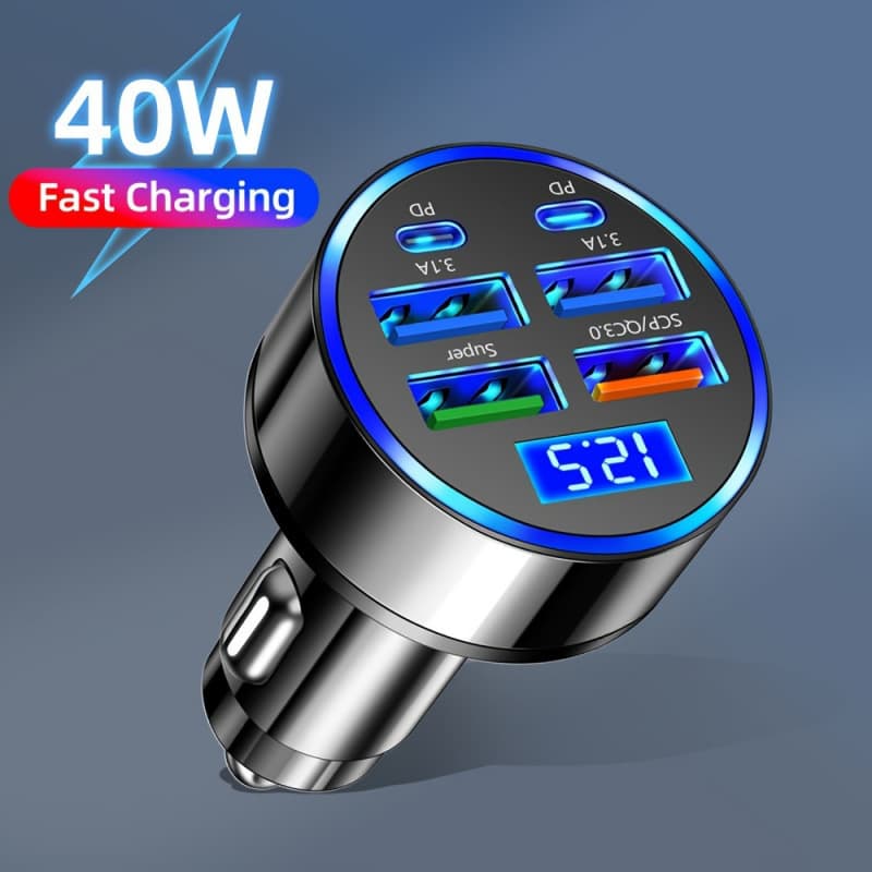 2026 New Cross-border Drop Shipping 6-Port 40W Digital Display Car Fast Charger