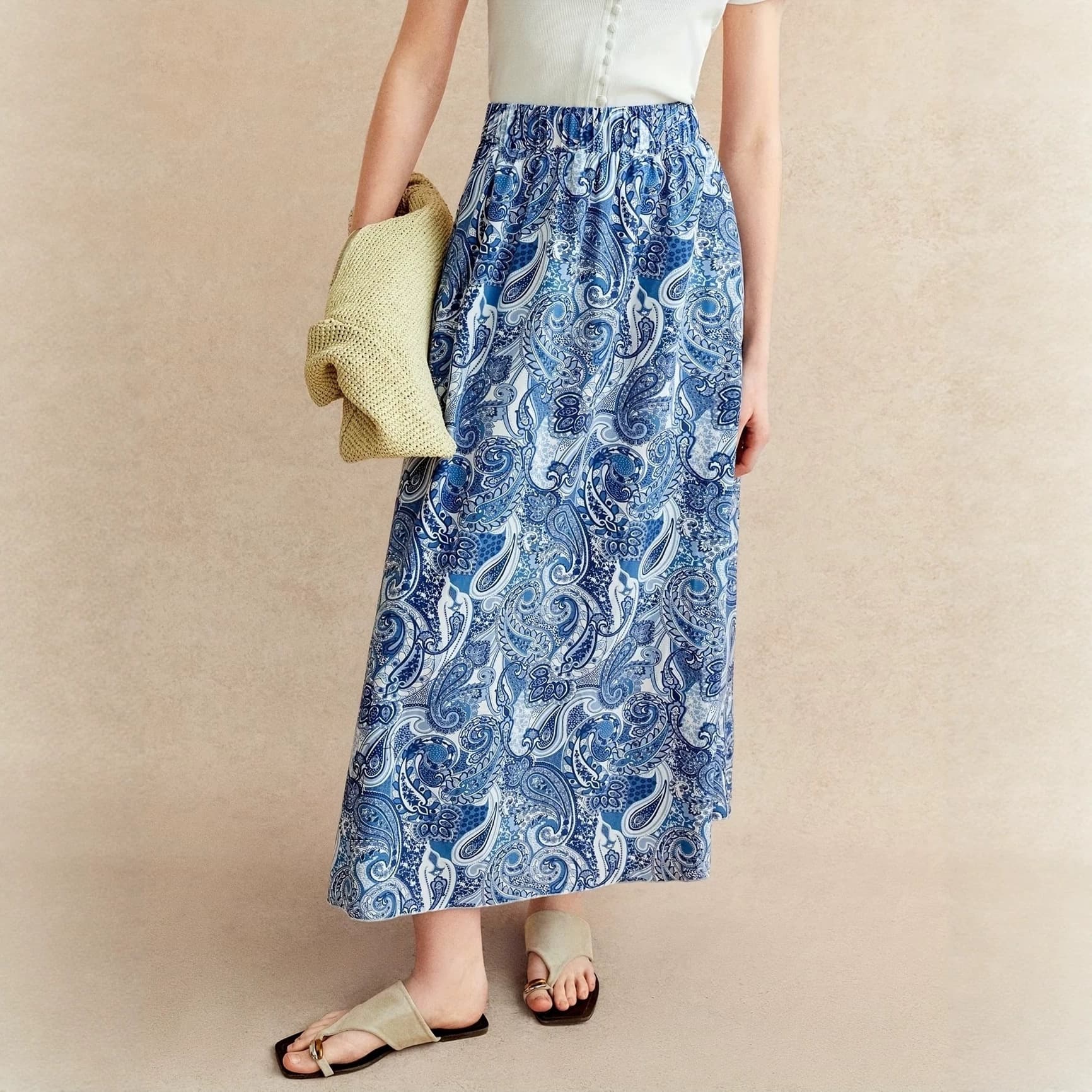 Printed Midi Skirt for Women, High-Waist Elastic Waist Side Slit A-Line Skirt, European and American Vacation Style