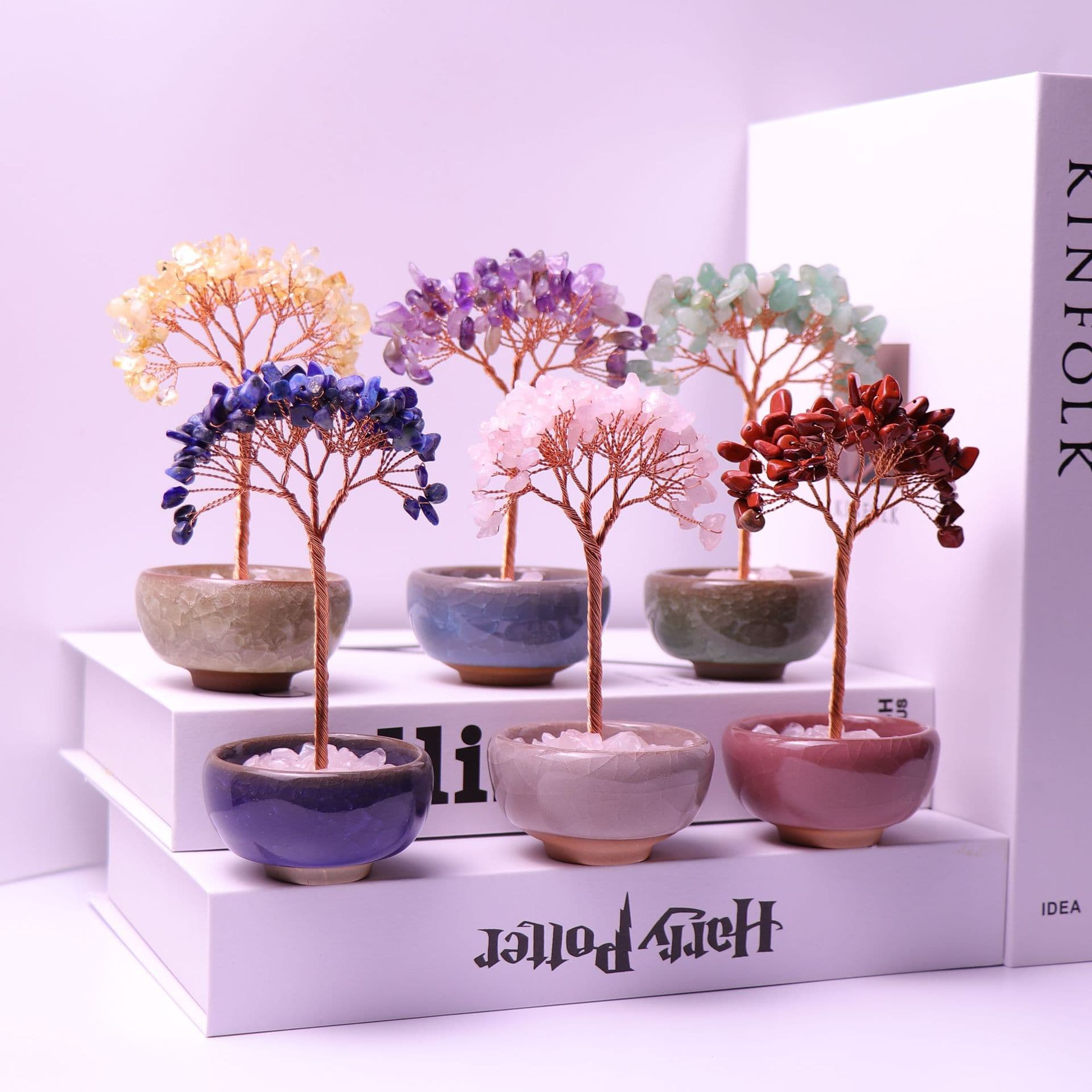 Cross-Border Hot-Selling Tea Cup with Natural Crystal Tree Desktop Ornament, Fortune Crystal Tree Potted Plant