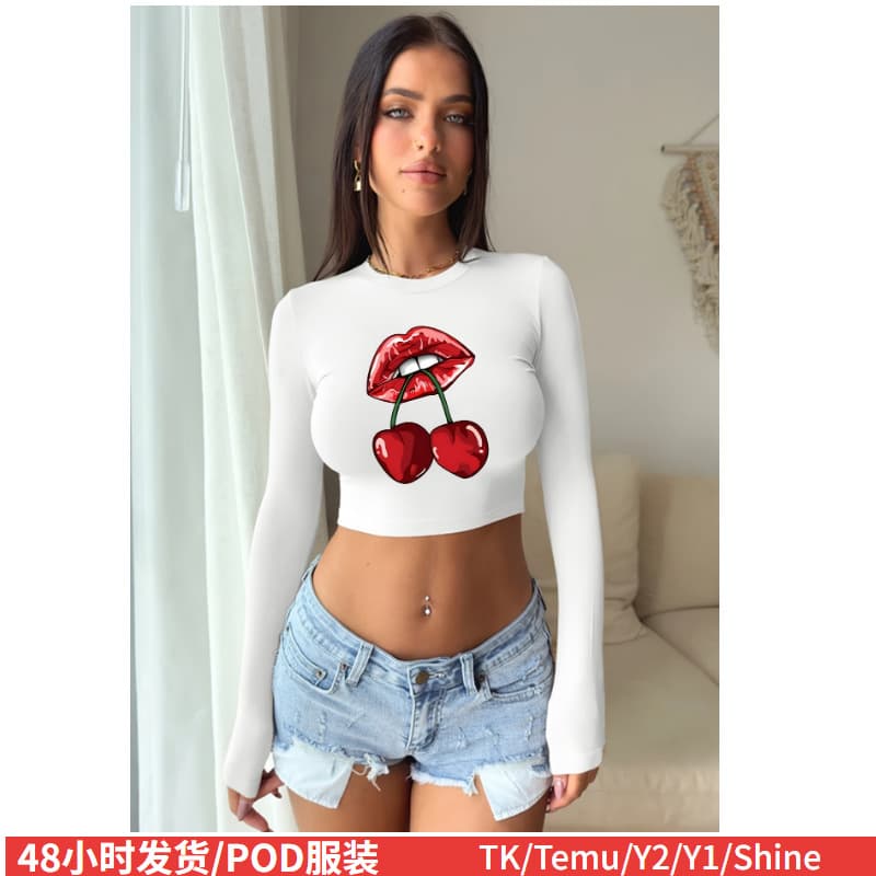 2026 cross-border shein3D printed cherry navel-baring long-sleeved short round neck T-shirt fashion high-neck hot girl top picture