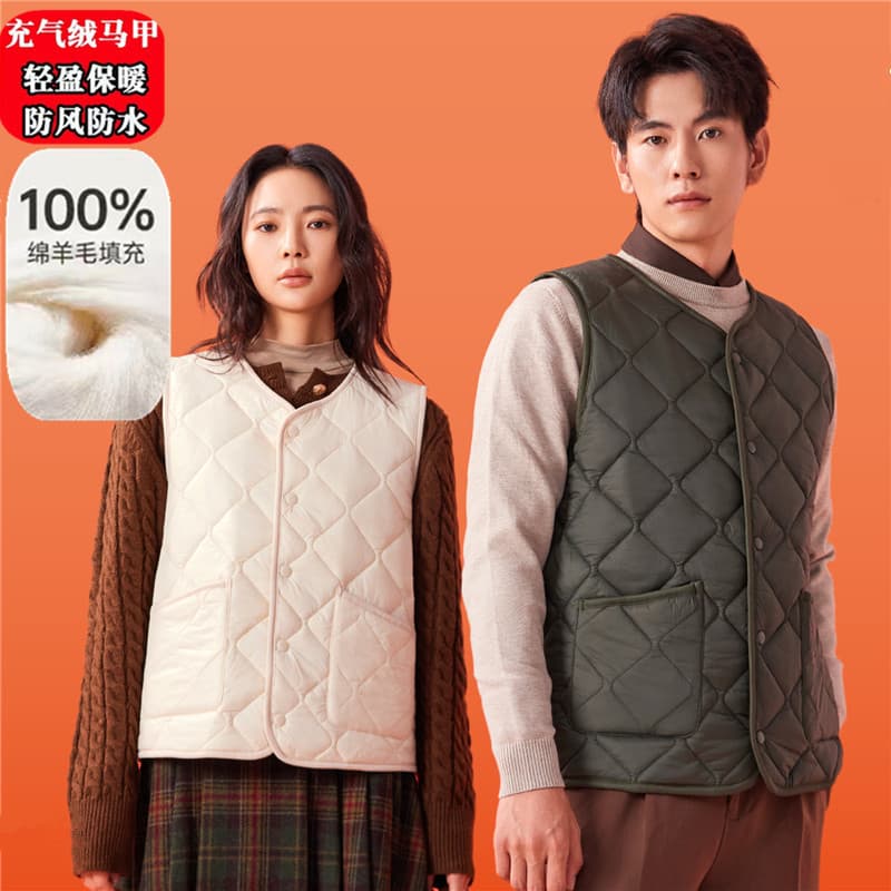 100% Wool Inflatable Down Vest for Men and Women, Autumn/Winter Casual Sleeveless Jacket, Warm Lightweight Vest