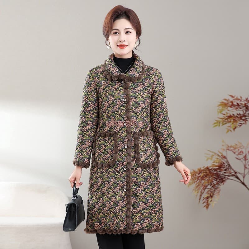 Drop Shipping 2025 Winter New Large Size Mid-Length Knee-Long Cotton Coat Fleece-Lined Thickened Warm Middle-Age & Elderly Cotton Jacket