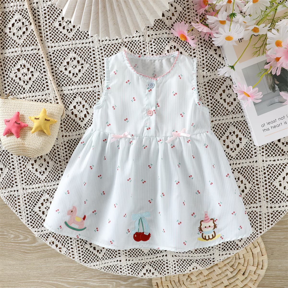 Summer new foreign trade children's clothing wholesale small cherry print vertical stripe embroidered Trojan horse big cherry girls dress