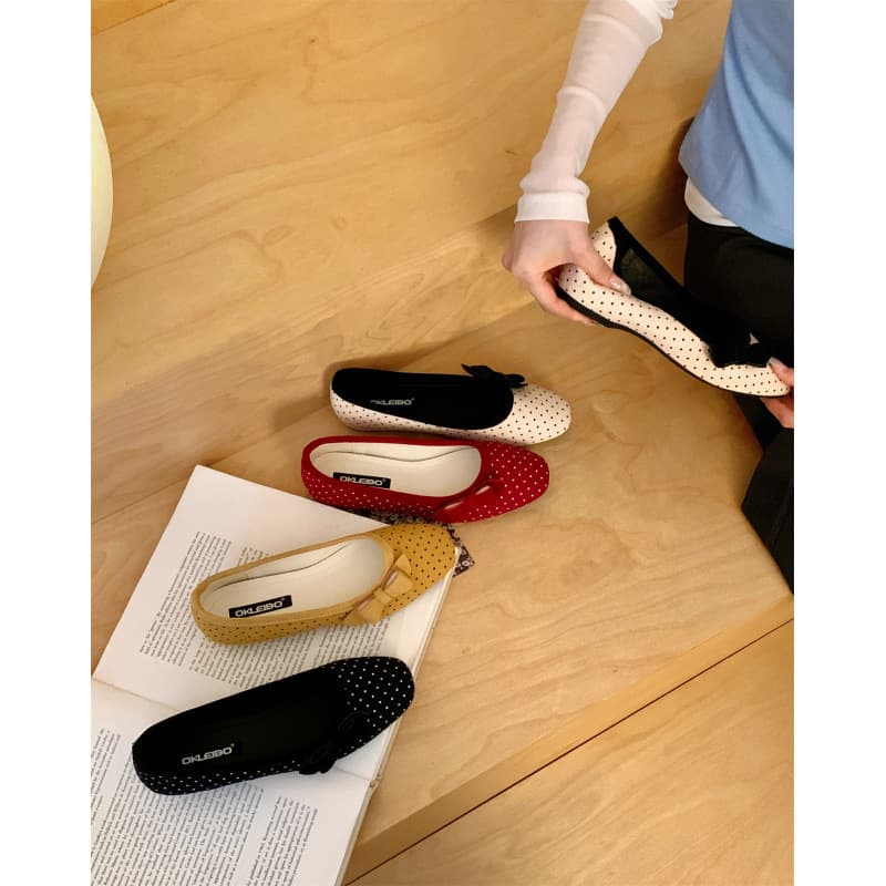 Okleibo Girly Bow Polka Dot Mary Jane Shoes for Women 2026 Shallow Round Toe Slip-on Ballet Flats