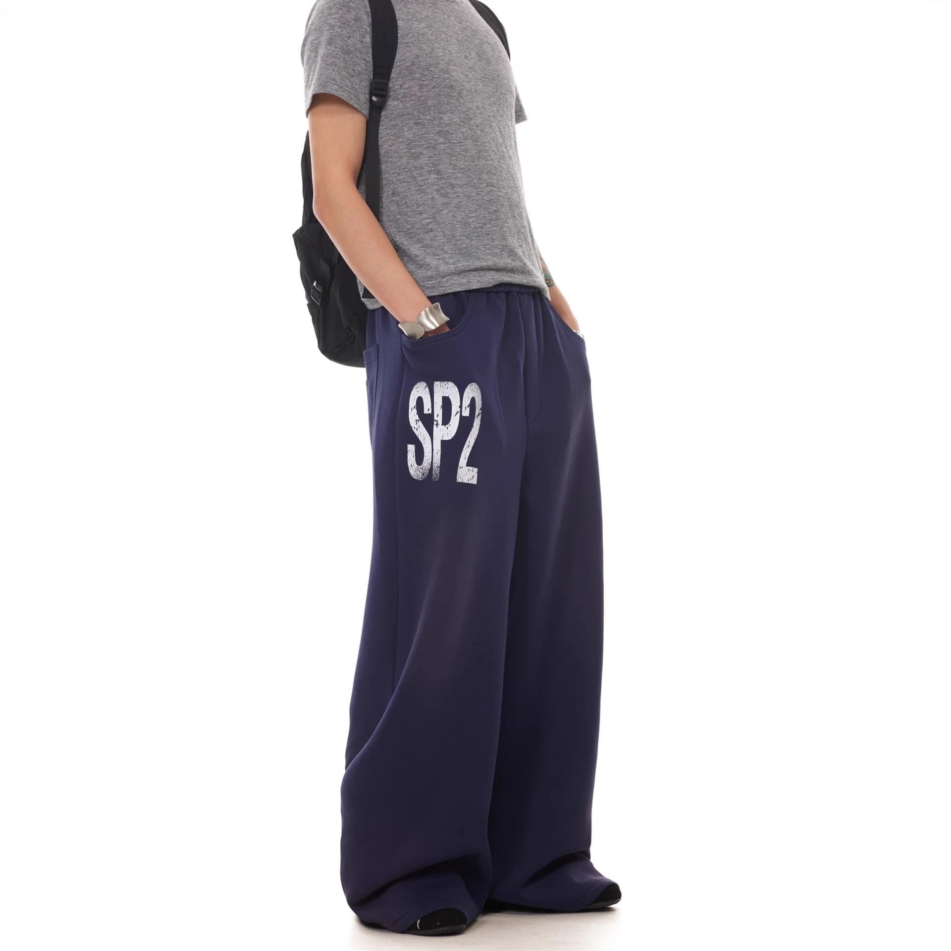 Vintage Elastic Waist Letter Print Casual Pants Unisex Loose Sports Sweatpants Street Style Baggy Wide-Leg Long Pants Men