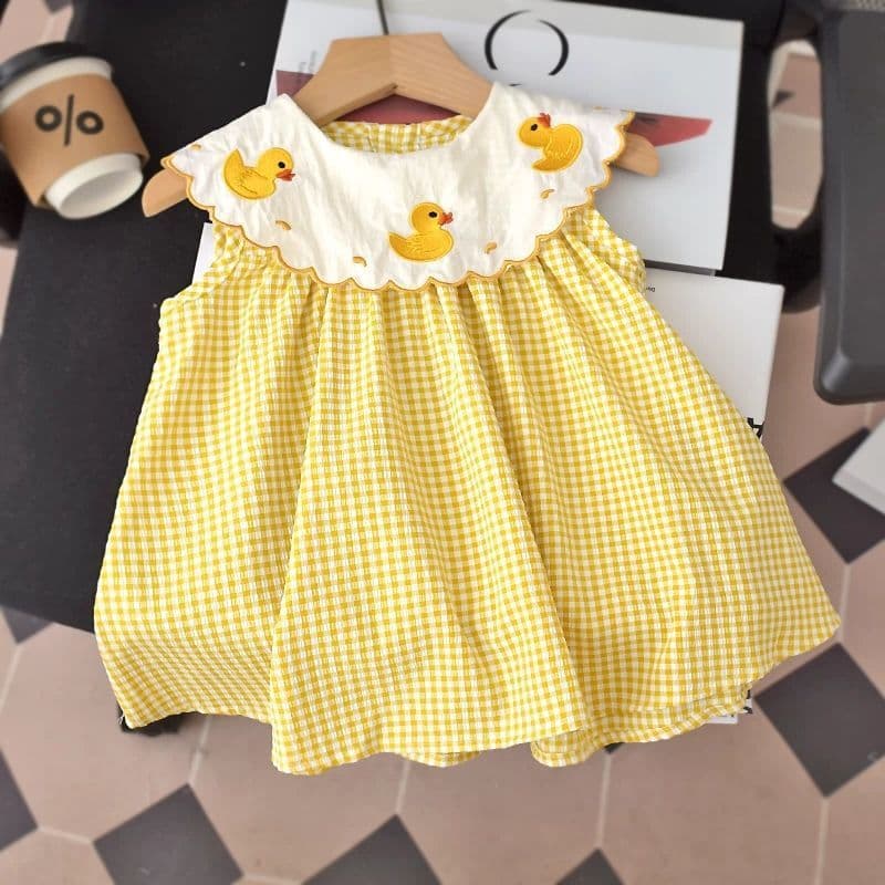 Girls' Adorable Summer Dress New Korean Style Children's Cute Plaid Vest Dress Baby Embroidered Duck Dress