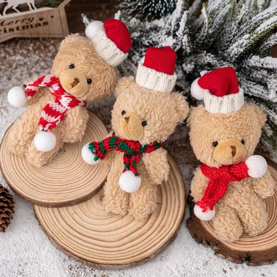 Adorable Christmas Teddy Bear Small Brown Bear Scarf Floral Christmas Tree Handheld Accessories Pendant DIY Clothing Gift