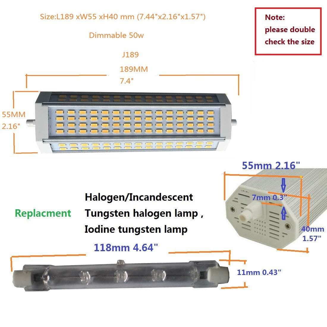 R7S LED 50W 189mm Length 85-265V Potting Power Supply Replacement for R7S J189 500W Metal Halide Lamp