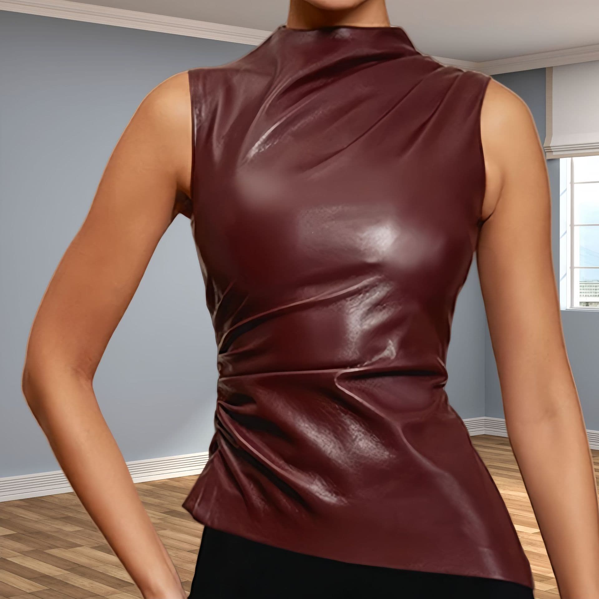 Sweet Cool Trendy European and American Strap 2024 Summer-Fall New Leather Stacked Collar Personalized Waist-Tightening Slimming Asymmetrical Hem Sleeveless Top