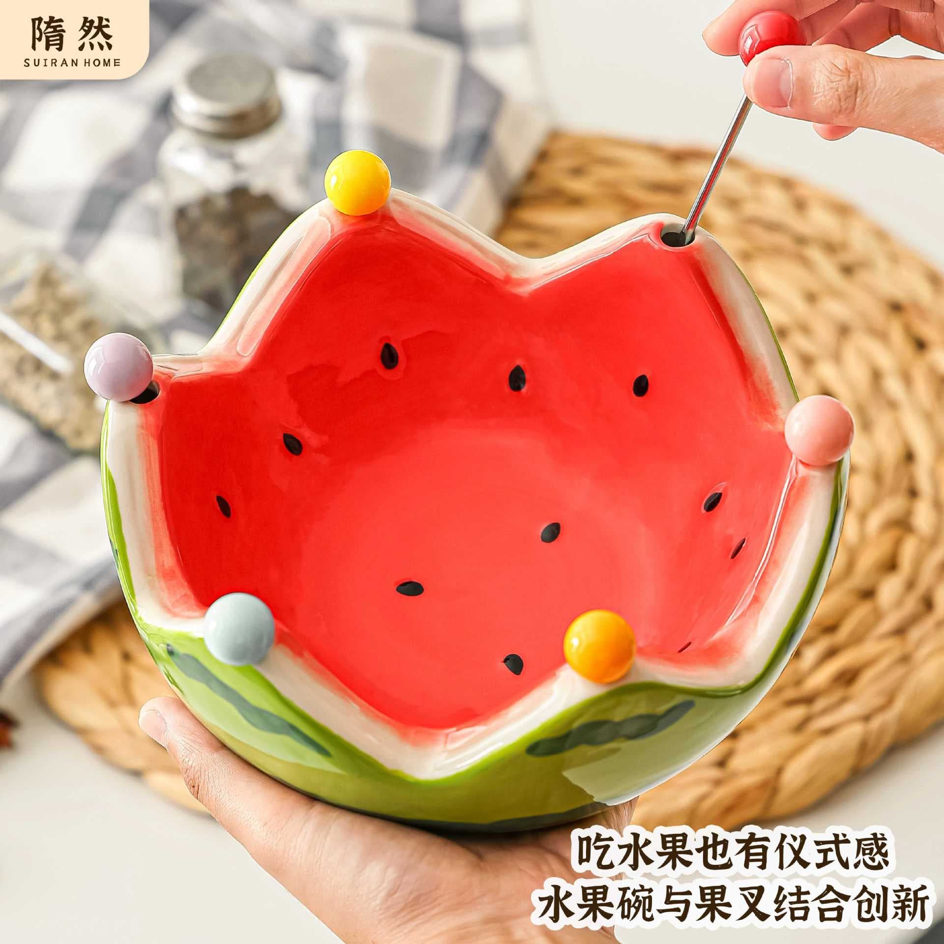 Ceramic Creative Watermelon Fruit Bowl with Forks, Home Living Room Fruit Salad Bowl, Cute Stainless Steel Fork Set