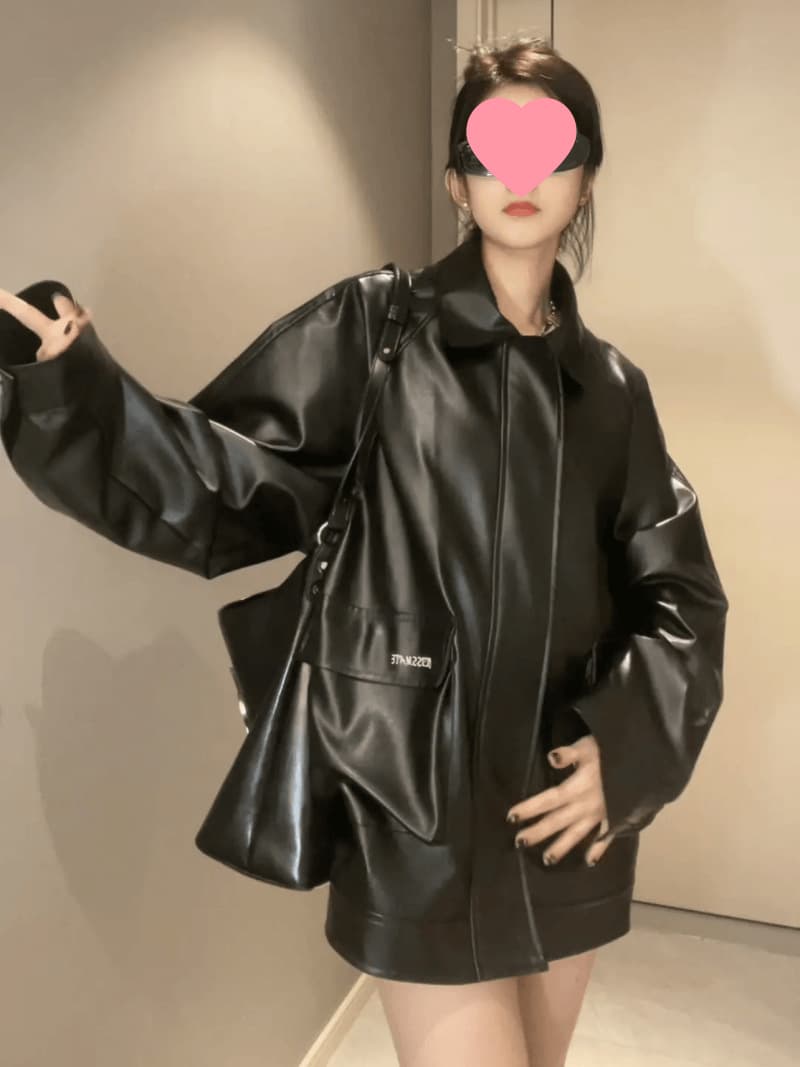 Hong Kong Style Leather Jacket Women's Motorcycle Jacket Spring, Autumn and Winter Fashion Trendy Leather Jacket Casual Flesh-Covering Large Size Style