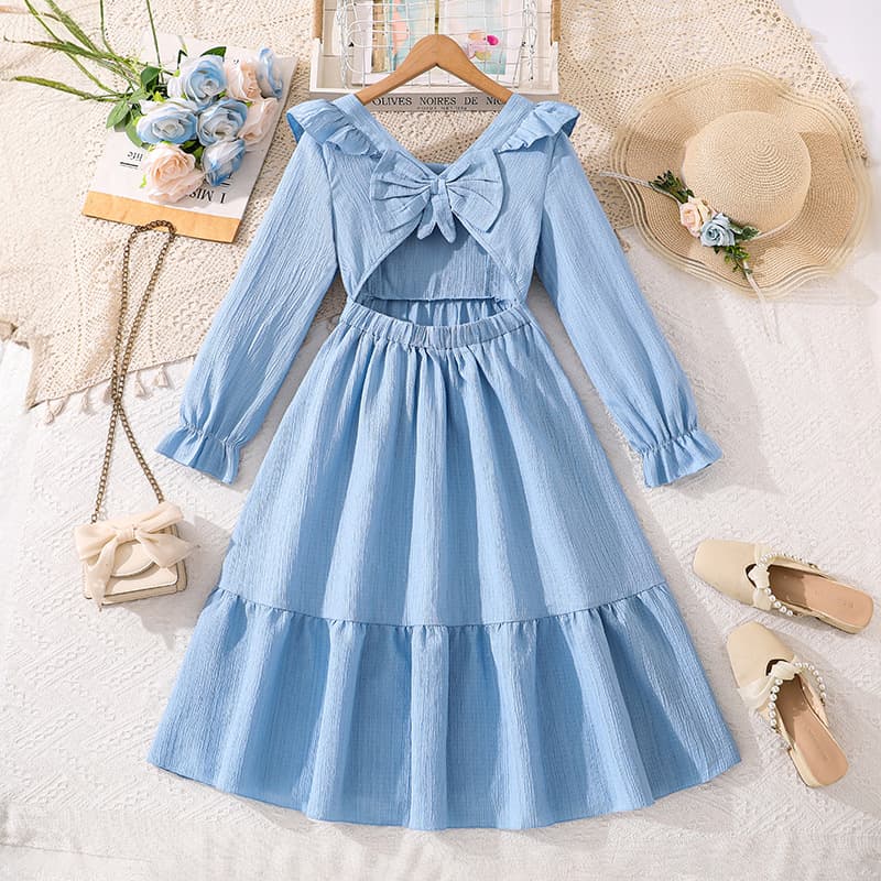 Children's Clothing 2025 Autumn New Korean Style Girls Sweet Ruffle Long Sleeve Backless Bow Dress