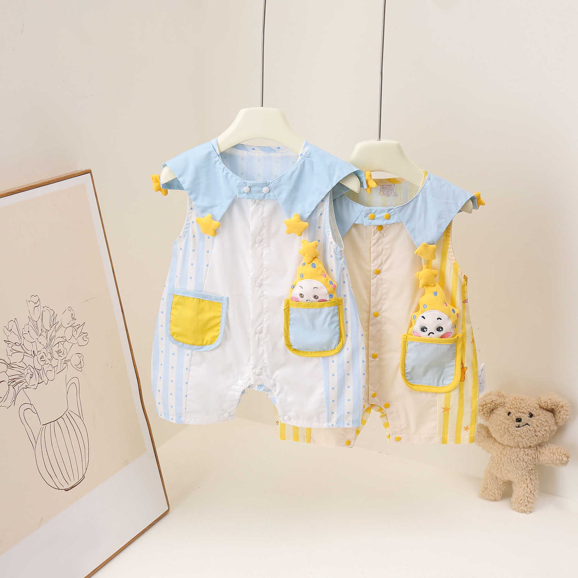New Summer Cute Baby Boy Cartoon Star Dream Blue Star Pocket Plush Short Romper Bodysuit