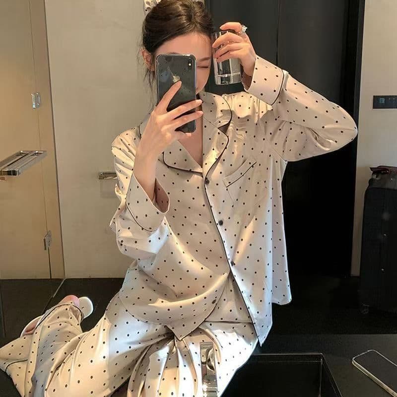 Women's Summer Ice Silk Pajamas, New Spring and Autumn Long-Sleeve Long Pants, Suitable for Outdoor Wear, Popular Summer Live-Stream Casual Loungewear Set