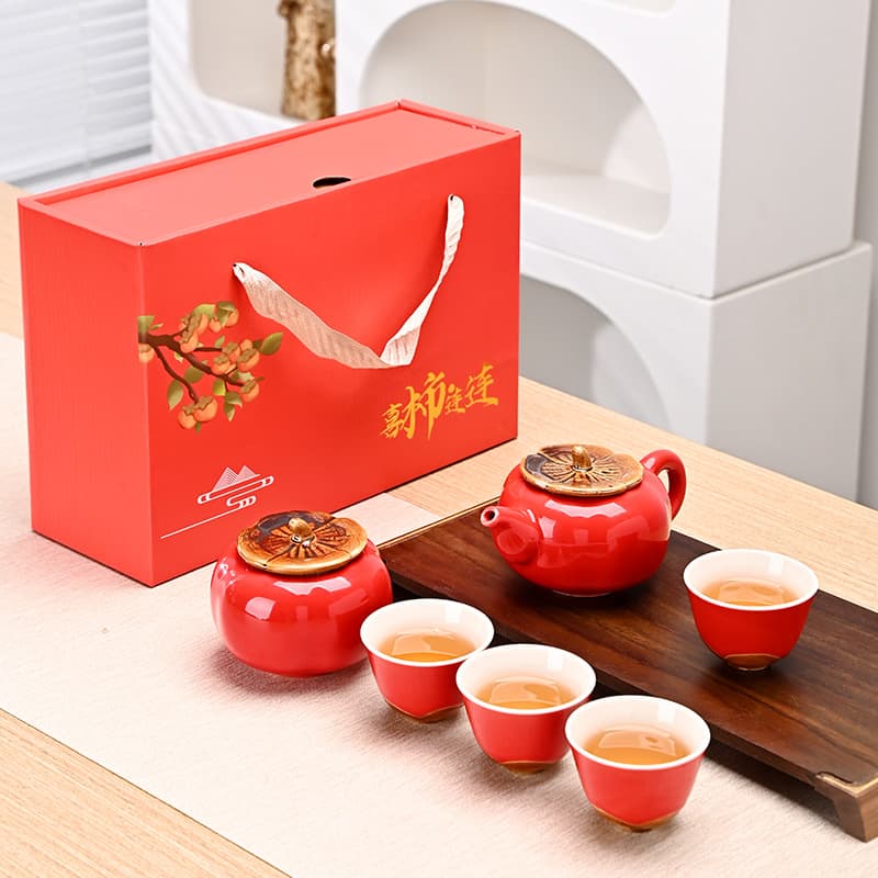 Everything Goes Well Red Festive Tea Set Gift Box, Full Set for Clients, Souvenir, Custom Logo Persimmon