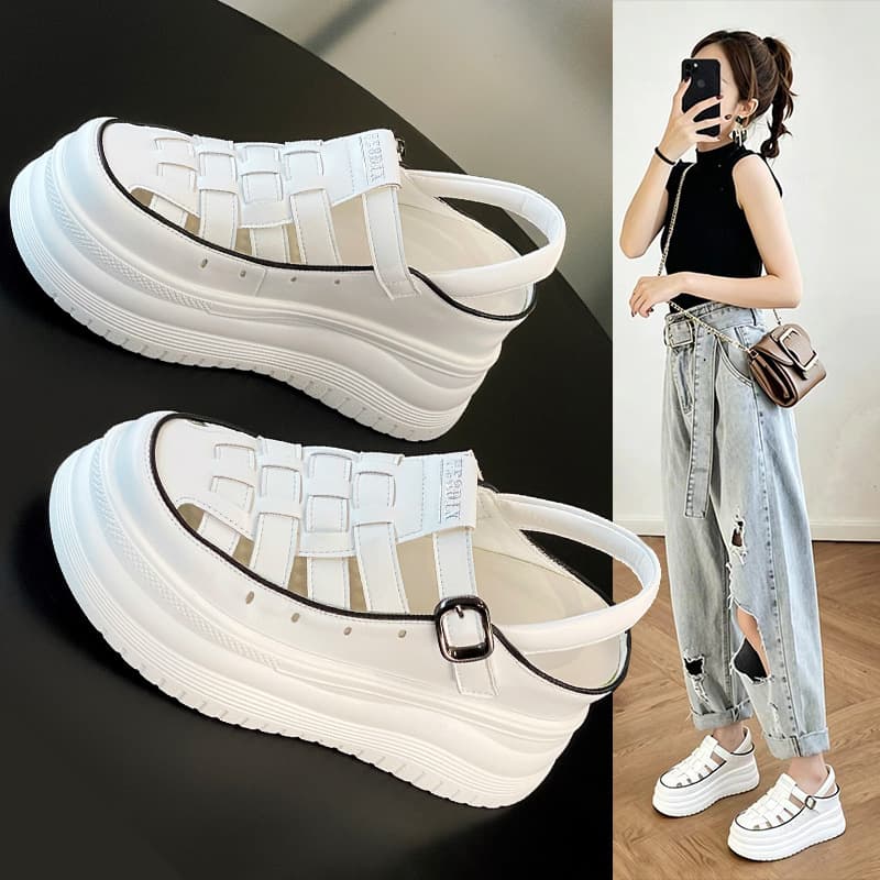 Baotou Women's Sandals Summer 2026 New Style Trendy Woven Roman Cage Sandals Thick Sole Heightening White Sandals