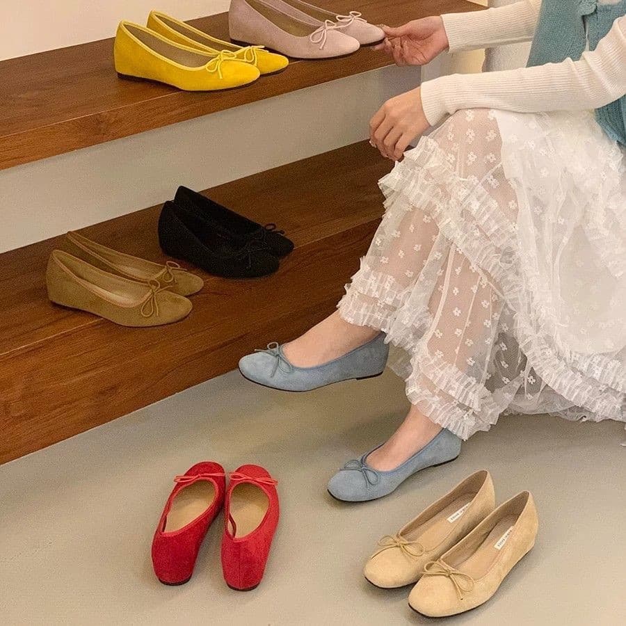 Women's Velvet Ballet Flats with Hidden Wedge Heel, Bowknot Design, Red Evening Shoes, 2026 Spring/Autumn New Arrival