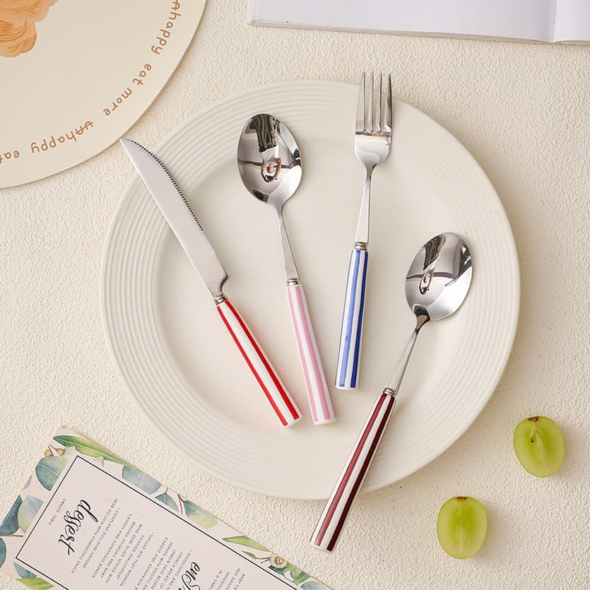 High-Quality Stainless Steel Knife, Fork, and Spoon Set with Zebra Pattern - Portable 3-Piece Student Dining Set
