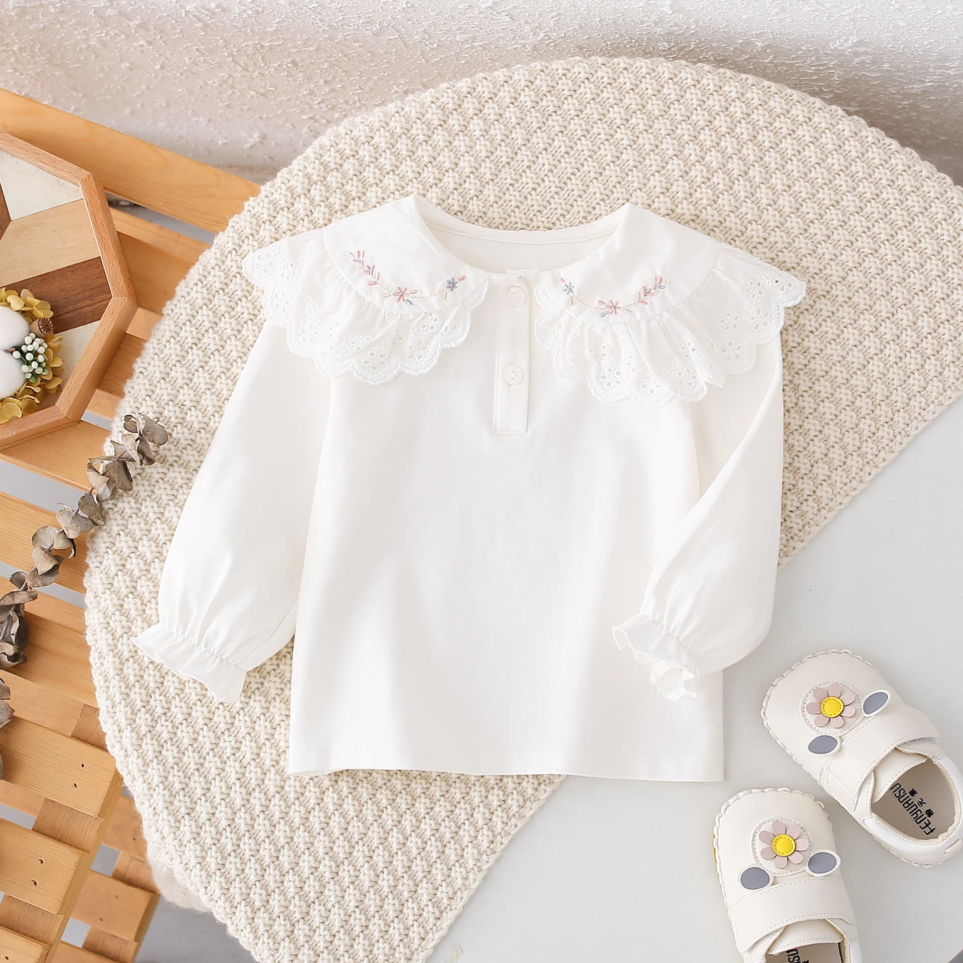 Baby Girl's Embroidered Ruffle Collar Base Shirt Spring Autumn Cotton Korean Style Versatile White Long Sleeve Floral Pattern