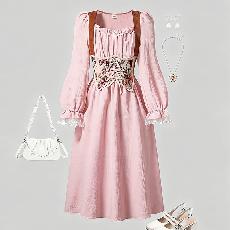 Cross-border Bestseller Girls' Dress 2026 Autumn New Foreign Trade French Jacquard Waist-cinching Court Style Puff Sleeve