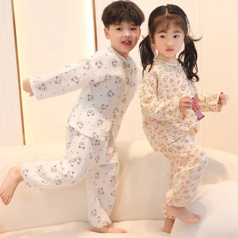 Children's Pure Cotton Sleepwear Set Baby Cartoon Cotton Gauze Home Clothes Boys Girls Nine-Sleeve Home Clothes
