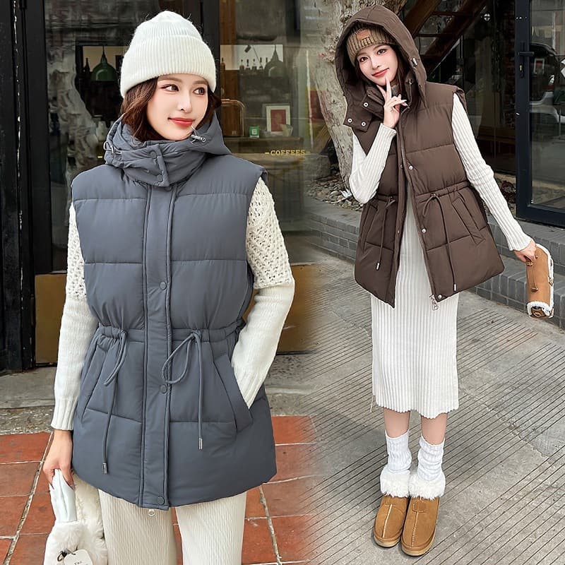 Foreign trade cotton vest for women 2026 autumn and winter new Korean style waistcoat waist slim hooded vest cotton vest