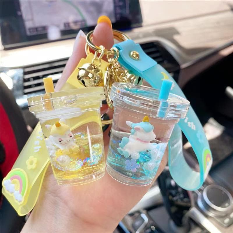 Creative and exquisite oil-infused floating unicorn milk tea cup keychain pendant couple bag accessories small gifts wholesale