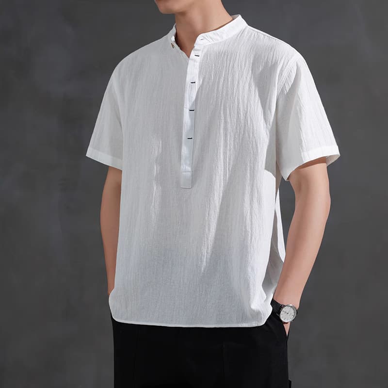 Plus Size Men's Stand Collar Short Sleeve Polo Shirt Summer Linen T-Shirt Thin Fashionable Cotton-Linen Half Sleeve Casual Top