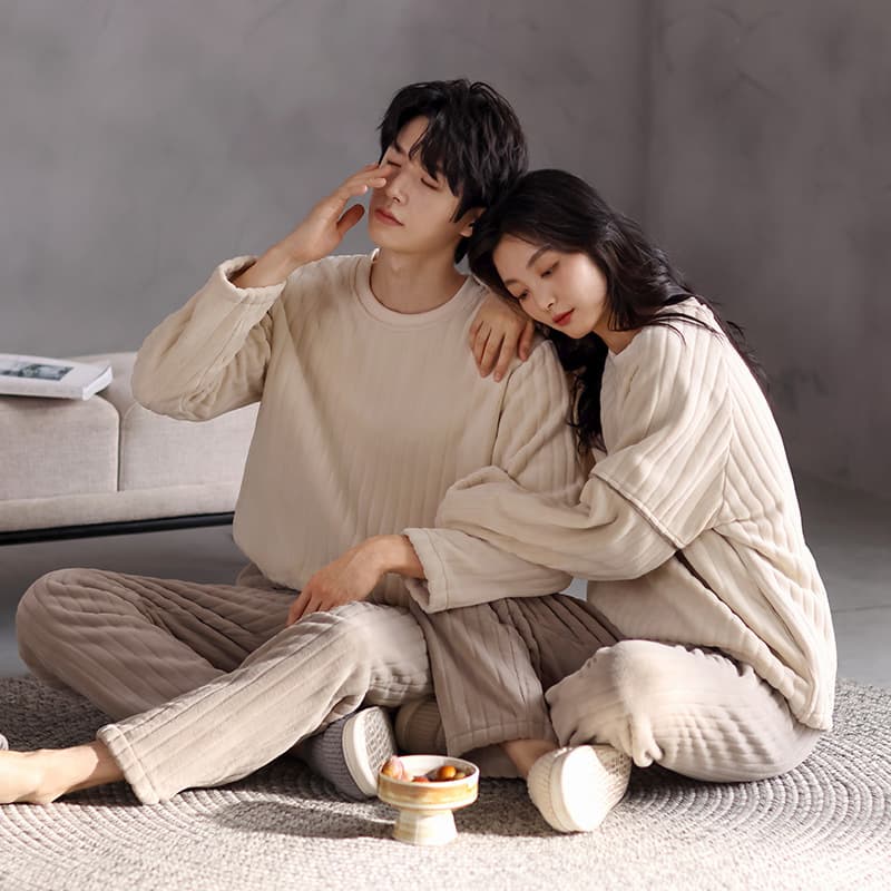 Thickened Flannel Sleepwear Couple Winter Warm Fleece round Neck Pullover Casual Home Clothes Set Comfortable Long Sleeve Pants