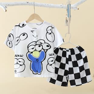 Summer Children Pajamas Thin Cotton Silk Suit Boys Girls Baby Short Sleeve Home Air Conditioning Wear Older Kids Cotton Silk Children's Clothing