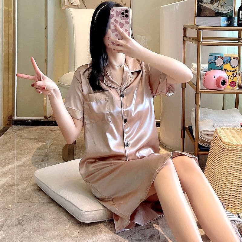 Summer Ladies Pure Color Silk Shirt Sleep Dress Loose Sexy Short Sleeve Nightgown Home Clothes Comfortable Breathable Casual