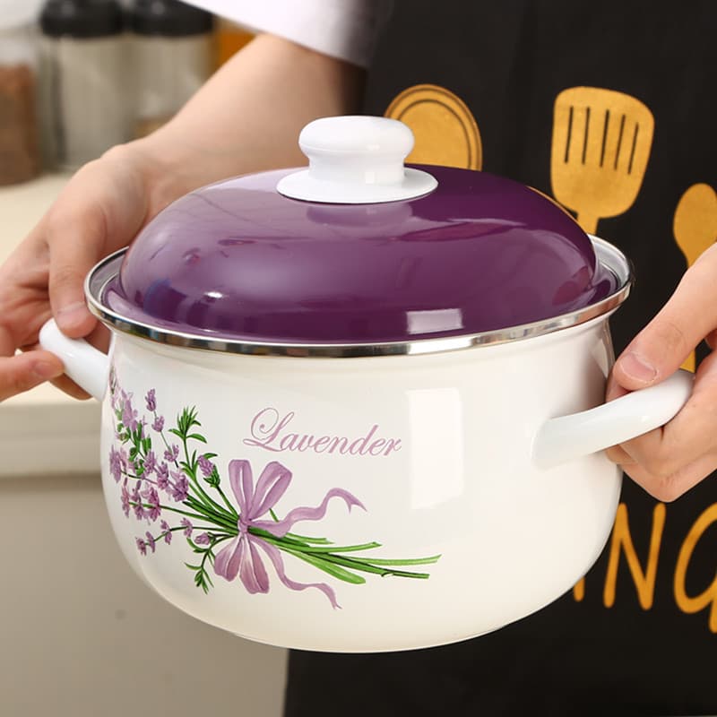 Lavender Enamel Large Soup Pot Stew Pot Household Thick Double Ear Lard Pot with Lid Enameled Porcelain Decoction Pot