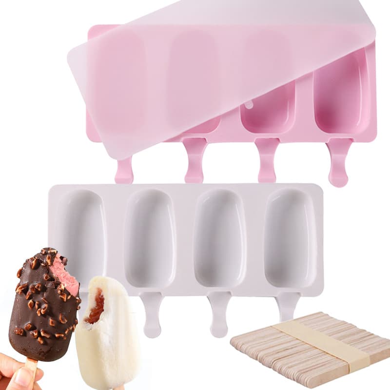 DIY Easy-to-Demold Popsicle Mold, 4-Cavity Oval Popsicle Mold with Lid and Stick (Wholesale)