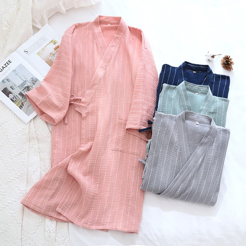 Japanese Pure Cotton Kimono Pajamas for Men and Women, Spring/Summer/Autumn Crepe Gauze Robe, Homewear Nightgown, Couples Bathrobe, Sweat Suit