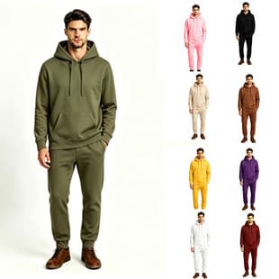 Export Men's Sportswear Set, Solid Color Plain Fleece Warm Autumn/Winter Sweatshirt Hoodie + Sweatpants 2-Piece Set