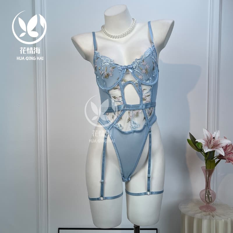 Huaqinghai Lingerie Lace with Leg Garter Heavy Embroidery Flower Pure Desire See-Through Bodysuit A1197 Battle Robe