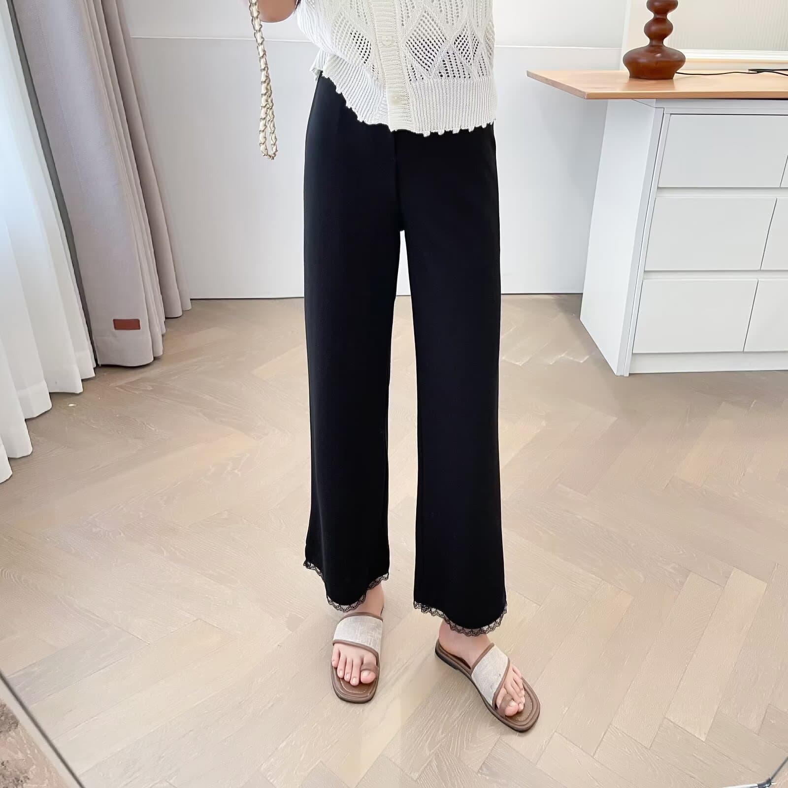 Plus Size Women's Summer New Style Simple Pants with Lace Hem Straight Pants 100kg Casual Pants for Fat Girls 7738