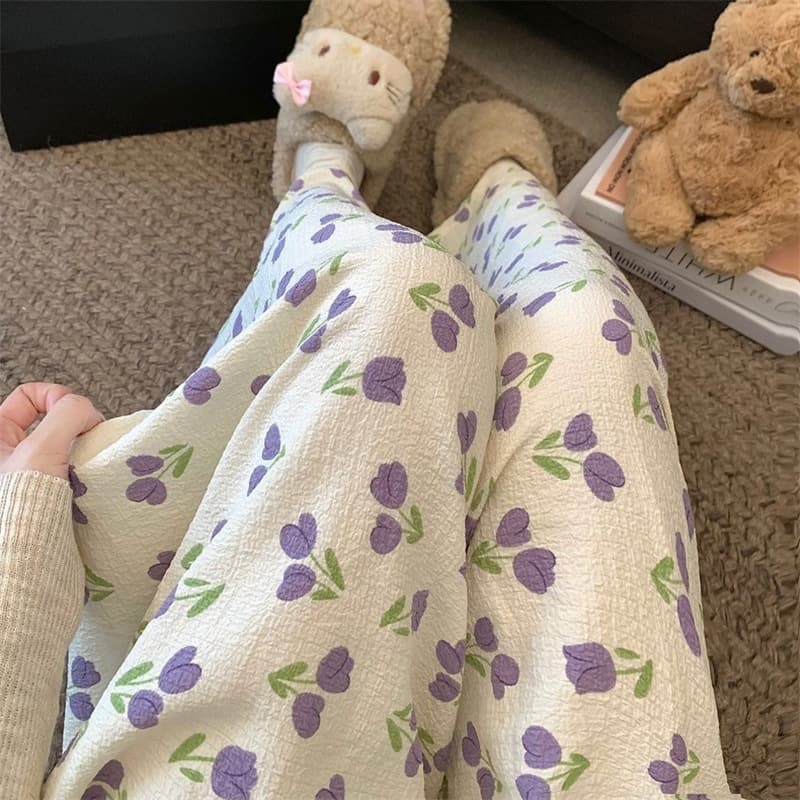 Sweet Little Purple Flower Bubble Cotton Sleep Shorts Summer Long Pants Casual Home Wear Outdoor Mosquito-Proof Pants