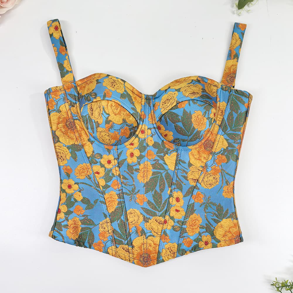 French country style summer off-shoulder camisole top with sunflower ink embroidery, elegant and figure-shaping fishbone corset.