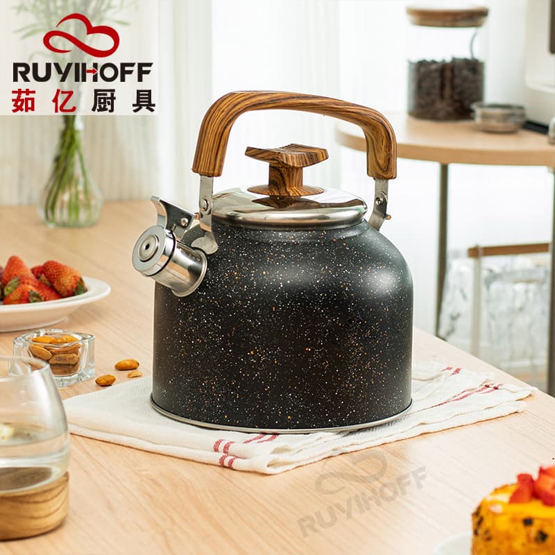 Cross-border Wood Grain Handle Whistling Kettle for Tea and Coffee, European and American Style Black Whistling Kettle, Kitchenware for Bar and Coffee Shop, 3L