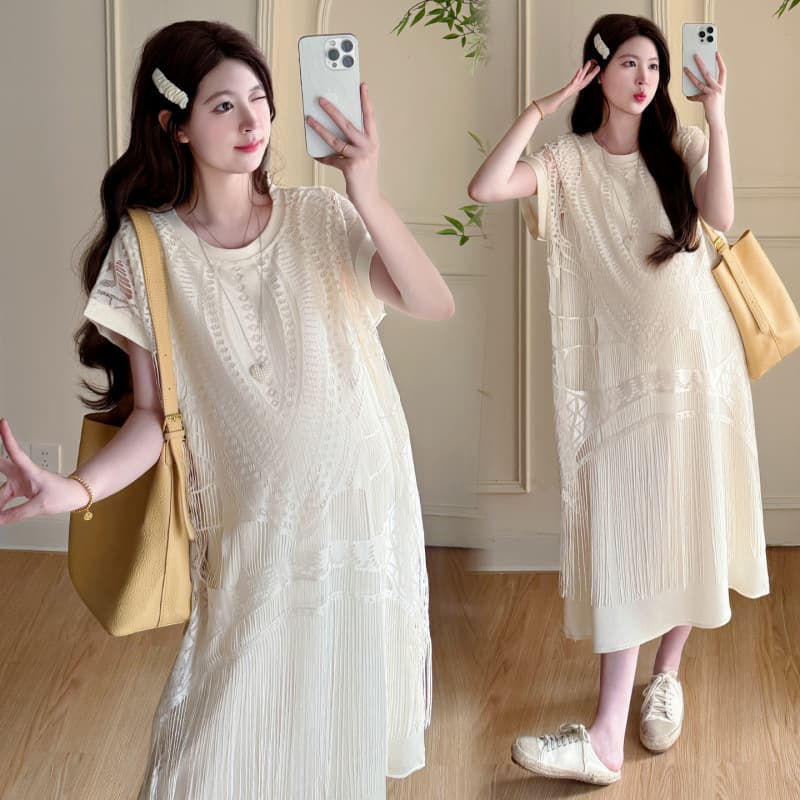 2026 Summer Maternity Dress Gentle Korean Casual Style Cream White Textured Fringe Maternity Dress