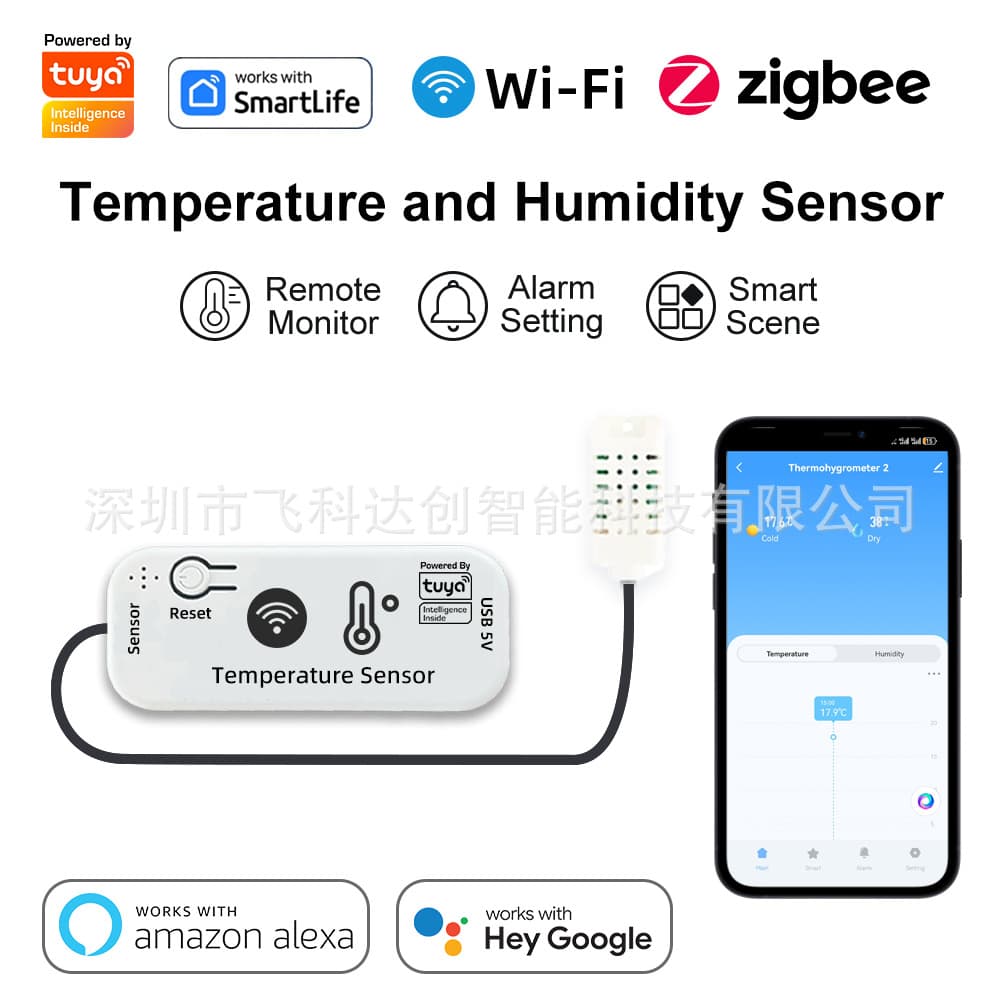 Tuya Smart App WiFi Temperature and Humidity Sensor Connects to Alexa and Google for Remote Temperature Monitoring