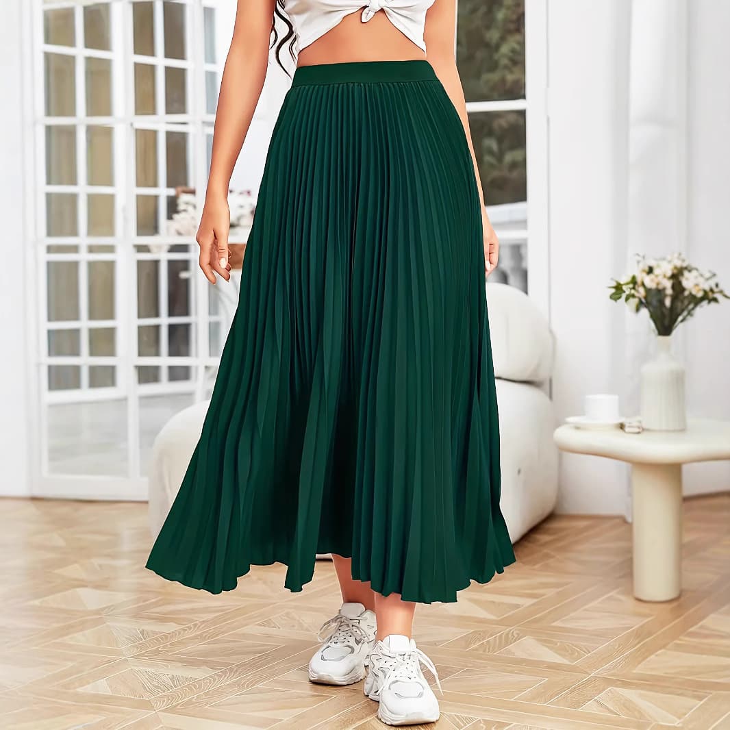 Elegant Long Pleated Elastic Waist Plus Size Skirt Fashionable Women's Midi Skirt Polyester Lycra Blend Adult Commute Style