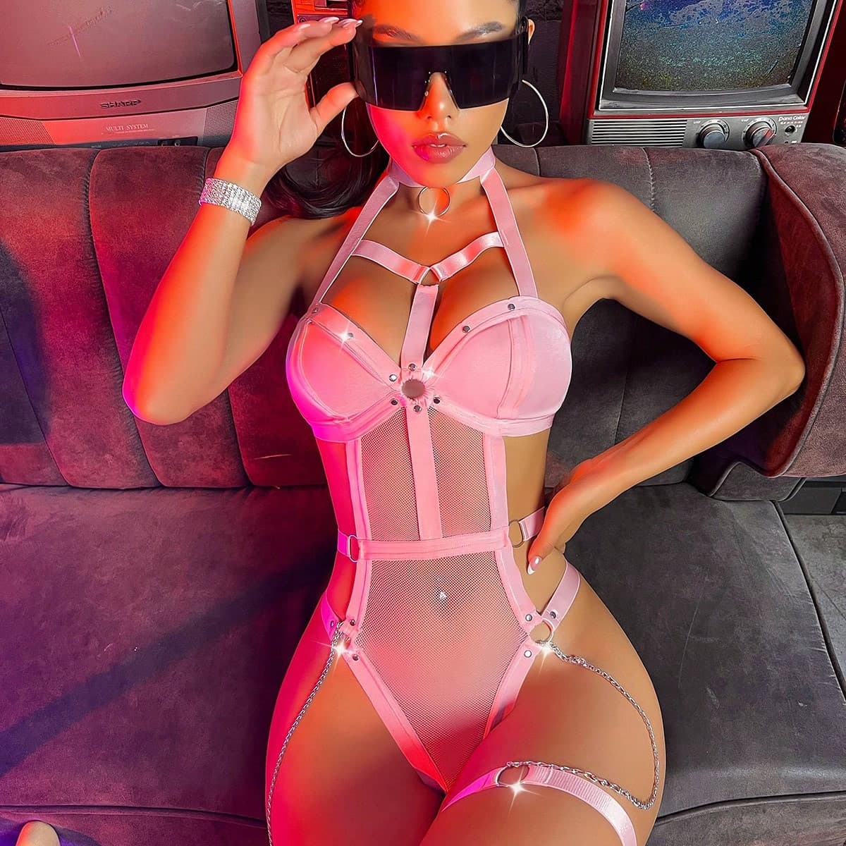 European and American Cross-Border Foreign Trade Mesh Fabric Metal Chain Body-Shaping One-Piece Sexy Lingerie Set