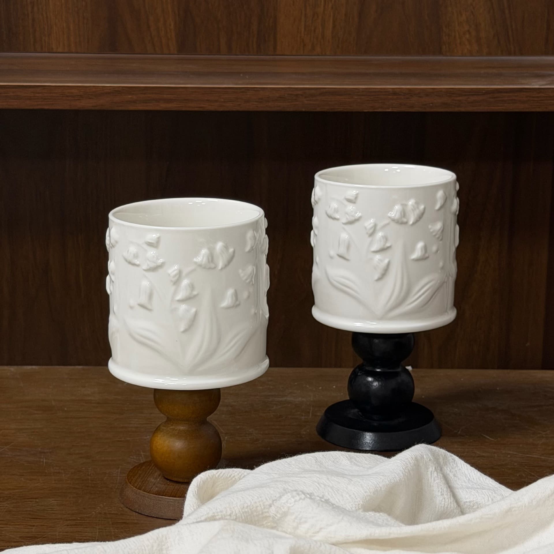 French embossed lily of the valley wooden goblet, aromatherapy candle cup, diffuser stone cup, dessert cup, high-looking ceramic cup