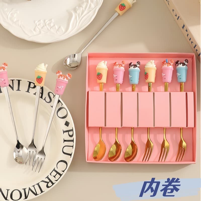 Creative Milk Tea Doll Stainless Steel Ice Cream Dessert Spoon Fruit Fork Milk Tea Coffee Stirring Spoon Gift Set