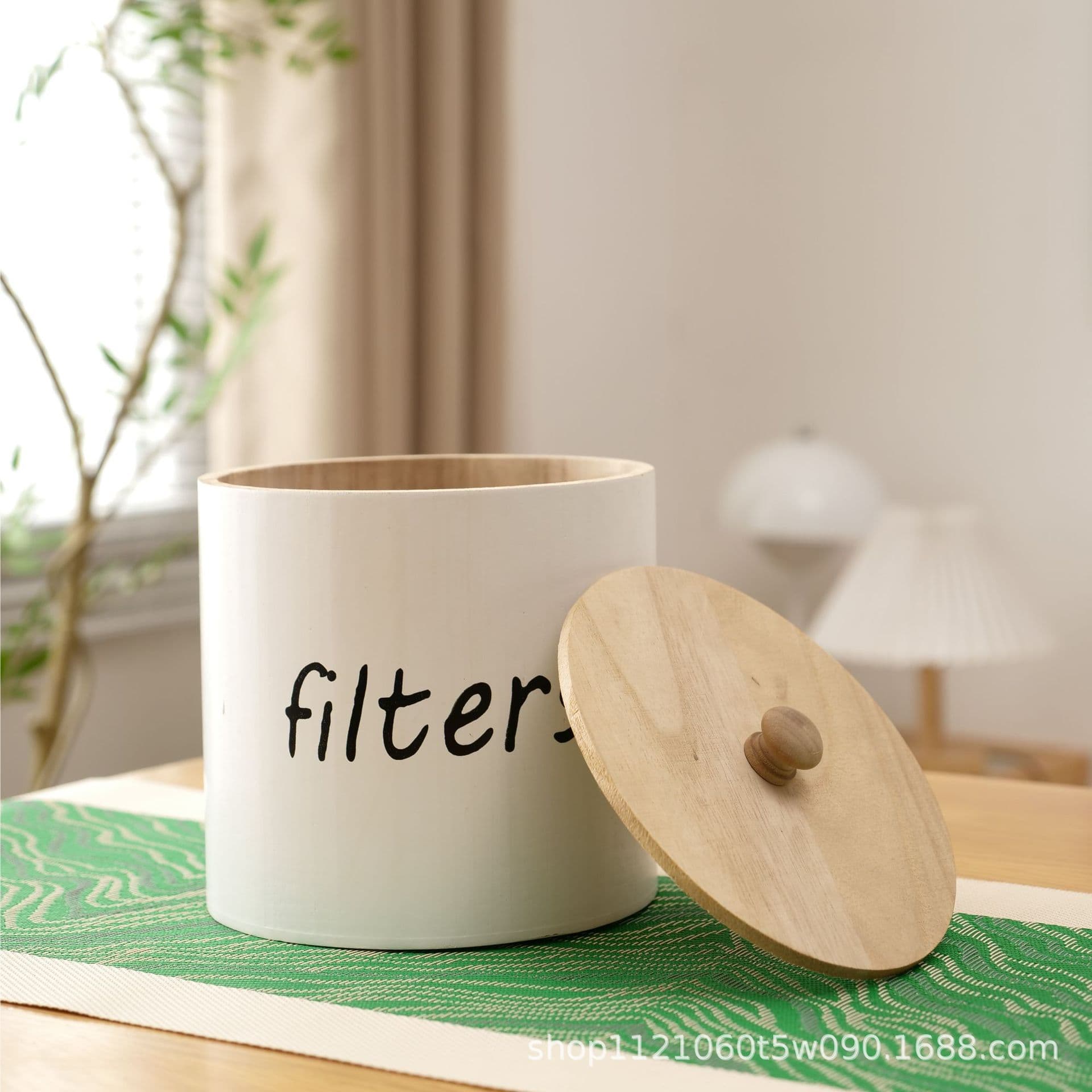 Wooden round storage box for home use, coffee filter storage box, wooden kitchen spice storage box with lid